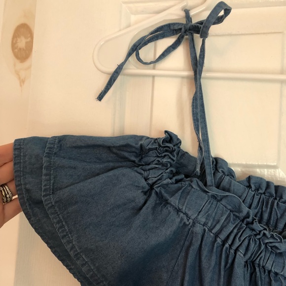 Ann Taylor Loft spring summer top off the shoulder blue chambray denim blouse XS - Picture 8 of 11